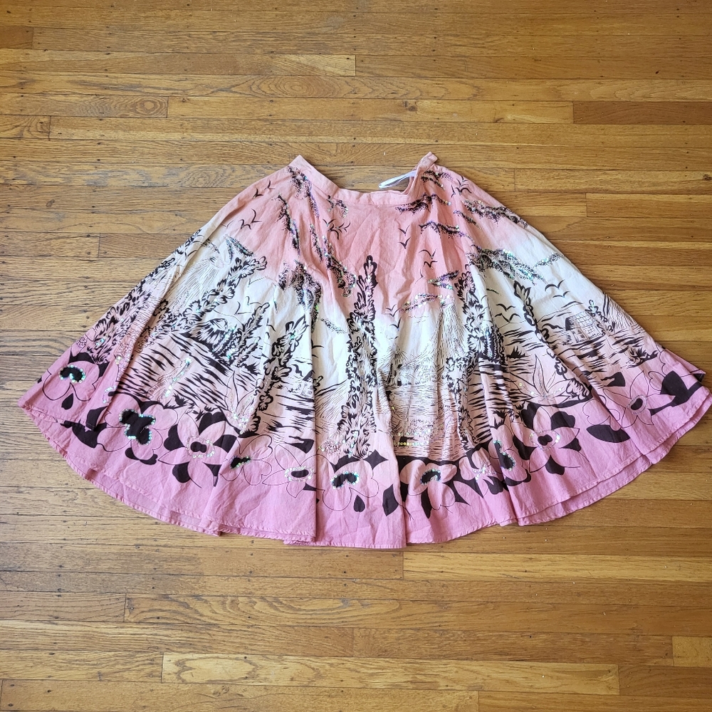 Y2K forever 21 Hawaiian landscape print cotton circle skirt iridescent sequins